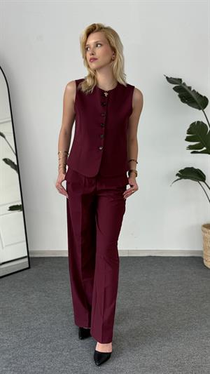Dokuma Kumaş Yüksek Bel Kancalı Pantolon Takım Bordo
