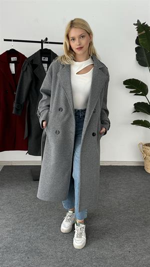 Dört Düğmeli Astarlı Kaşe Kaban Gri