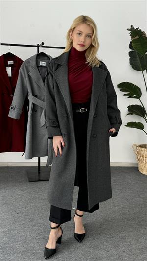 Dört Düğmeli Astarlı Kaşe Kaban Koyu Gri