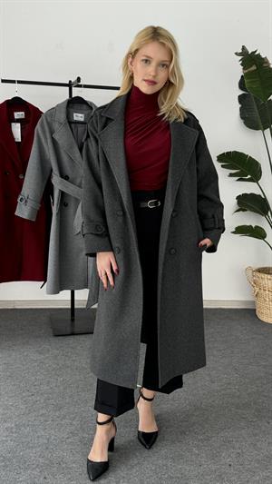 Dört Düğmeli Astarlı Kaşe Kaban Koyu Gri