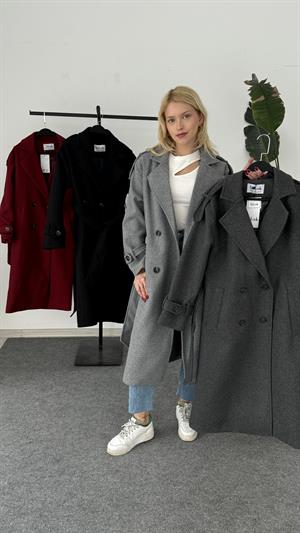 Dört Düğmeli Astarlı Kaşe Kaban Koyu Gri