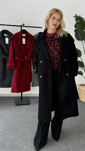 Dört Düğmeli Astarlı Kaşe Kaban Siyah