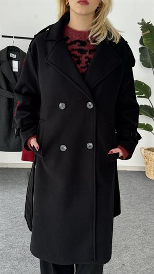 Dört Düğmeli Astarlı Kaşe Kaban Siyah