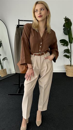 Double Atlas Kumaş Premium Kemerli Pantolon  Taş