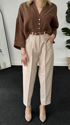 Double Atlas Kumaş Premium Kemerli Pantolon  Taş