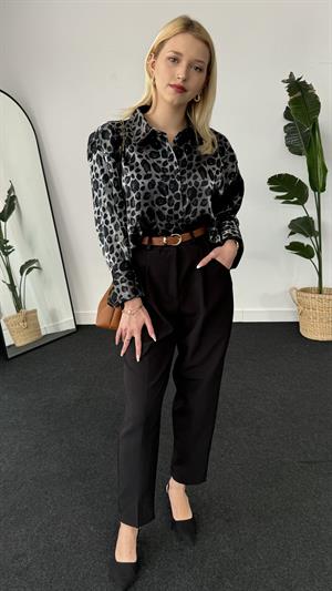 Double Atlas Kumaş Premium Kemerli Pantolon  Siyah 