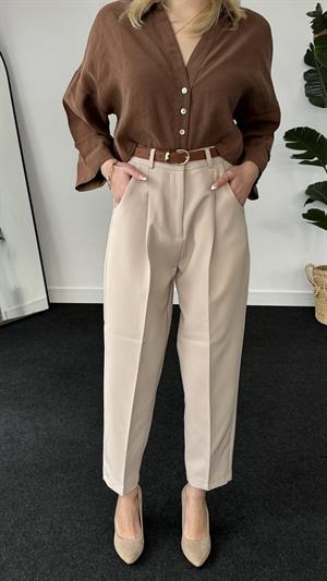 Double Atlas Kumaş Premium Kemerli Pantolon  Taş