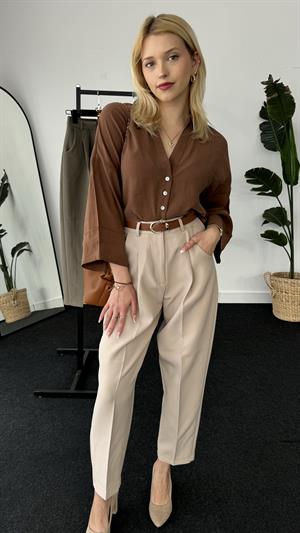 Double Atlas Kumaş Premium Kemerli Pantolon  Taş