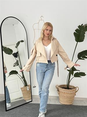 Düğmeli Kemer Detaylı Crop Trençkot  Taş