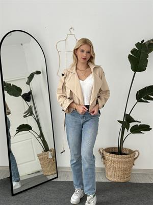 Düğmeli Kemer Detaylı Crop Trençkot  Taş