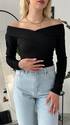 Düşük Omuz Büzgü Detaylı Çapraz Yaka Crop Siyah