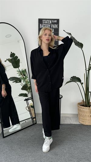 Düşük Omuz Önü Tek Cepli Gömlek Siyah