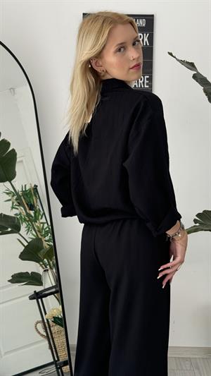 Düşük Omuz Önü Tek Cepli Gömlek Siyah