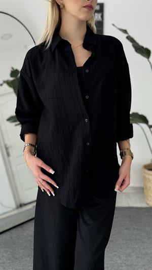 Düşük Omuz Önü Tek Cepli Gömlek Siyah