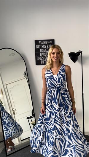 Etnik Desenli Çizgili Elbise Mavi