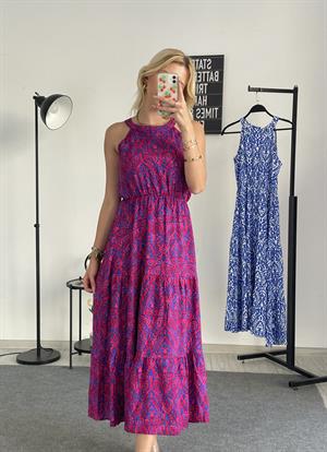 Etnik Desenli Halter Yaka Viskon Elbise Fuşya Saks