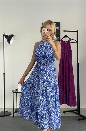 Etnik Desenli Halter Yaka Viskon Elbise Beyaz Mavi