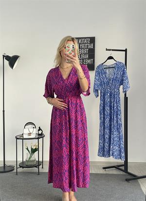 Etnik Desenli Viskon Kumaş Yarasa Kol Elbise Fuşya Saks