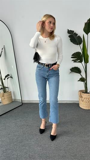 Fitilli Uzun Kollu Vücud Saran Crop Beyaz 