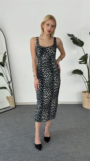 Full Likralı Askılı Denim Elbise Leopar Desenli