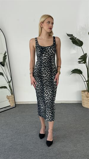Full Likralı Askılı Denim Elbise Leopar Desenli