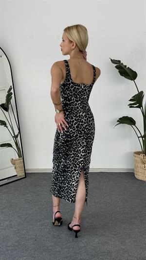 Full Likralı Askılı Denim Elbise Leopar Desenli