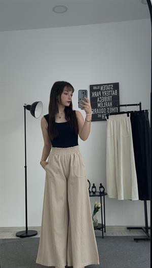 Gabardin Kumaş Bol Paça Palazzo Pantolon Taş 