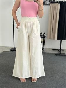 Gabardin Kumaş Bol Paça Palazzo Pantolon  Beyaz