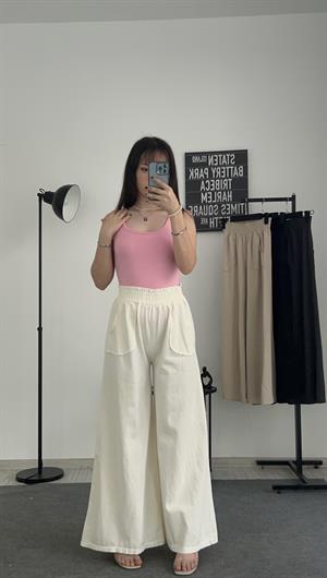 Gabardin Kumaş Bol Paça Palazzo Pantolon  Beyaz