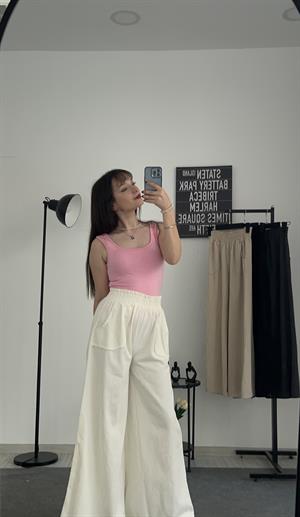 Gabardin Kumaş Bol Paça Palazzo Pantolon  Beyaz