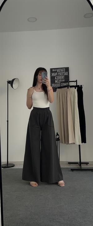 Gabardin Kumaş Bol Paça Palazzo Pantolon Antrasit