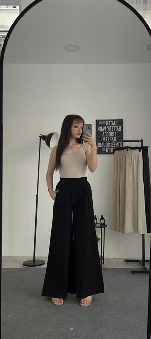 Gabardin Kumaş Bol Paça Palazzo Pantolon Siyah