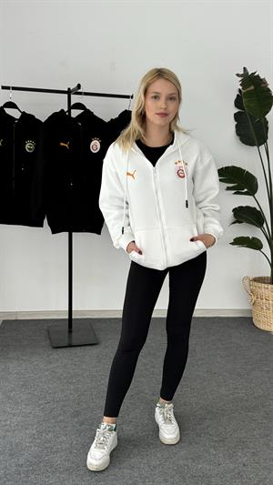 Galatasaray Armalı Üç İplik Şardonlu Fermuarlı Sweat Beyaz 