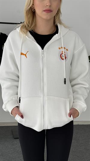 Galatasaray Armalı Üç İplik Şardonlu Fermuarlı Sweat Beyaz 