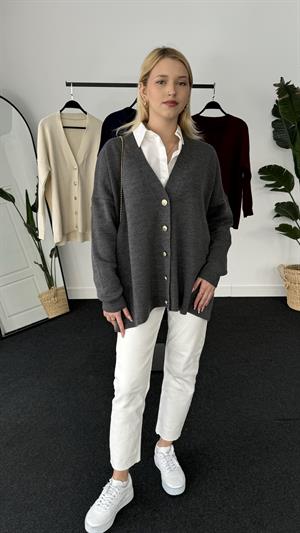 Gold Düğme Detaylı Triko Hırka Antrasit