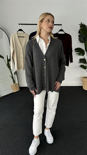 Gold Düğme Detaylı Triko Hırka Antrasit