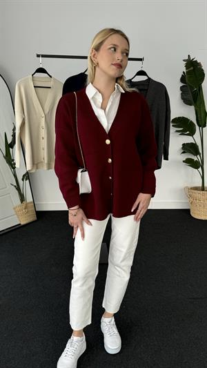 Gold Düğme Detaylı Triko Hırka Bordo 