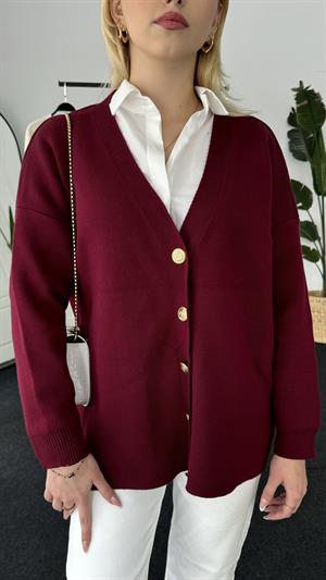 Gold Düğme Detaylı Triko Hırka Bordo 