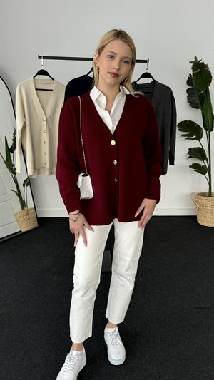 Gold Düğme Detaylı Triko Hırka Bordo 