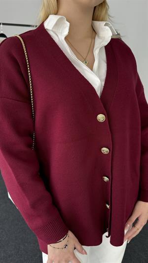 Gold Düğme Detaylı Triko Hırka Bordo 