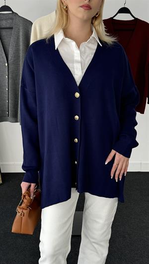 Gold Düğme Detaylı Triko Hırka Lacivert