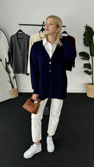 Gold Düğme Detaylı Triko Hırka Lacivert