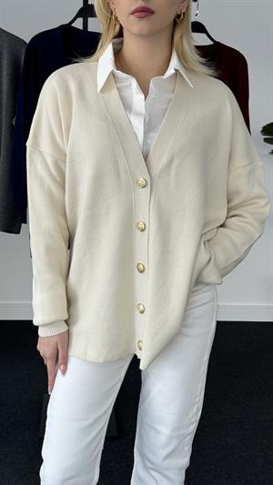 Gold Düğme Detaylı Triko Hırka Taş