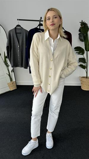 Gold Düğme Detaylı Triko Hırka Taş