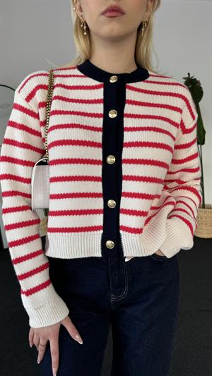 Gold Düğmeli Biyeli Kırmızı Çizgili Hırka 