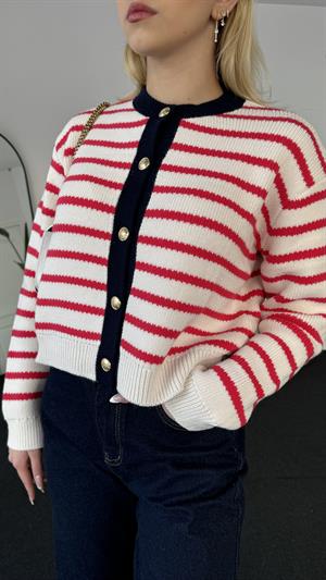 Gold Düğmeli Biyeli Kırmızı Çizgili Hırka 