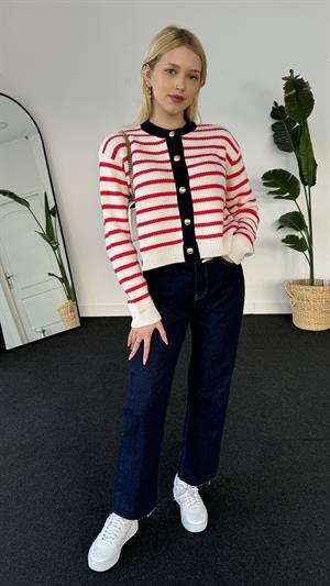 Gold Düğmeli Biyeli Kırmızı Çizgili Hırka 