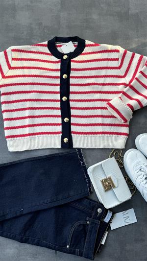 Gold Düğmeli Biyeli Kırmızı Çizgili Hırka 