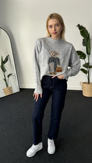 Gri Ayıcık Kabartmalı Bisiklet  Yaka Kazak