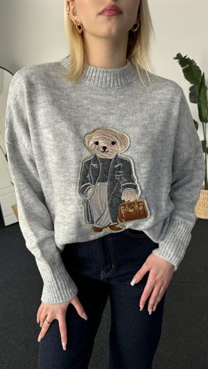 Gri Ayıcık Kabartmalı Bisiklet  Yaka Kazak